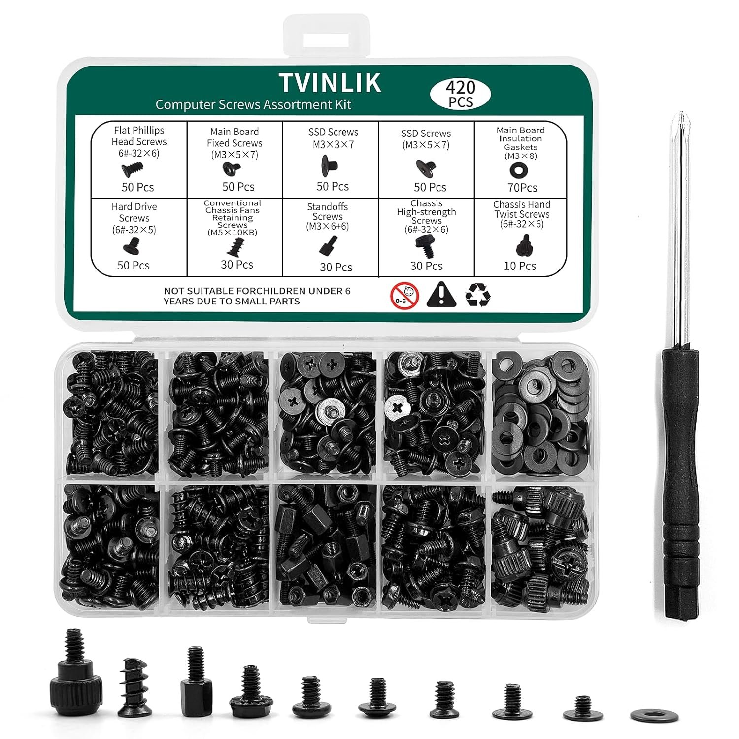 420PCS Computer Screw Kit, Motherboard Standoffs Assorted Screws for PC Case, HDD, SSD, Laptop, Fan, CD-ROM - for DIY PC Build Repair