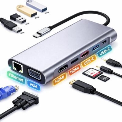 USB-C Hub 11-in-1 Multiport Docking Station with 4K HDMI, VGA, Ethernet, 100W PD, USB 3.0, SD/TF Card Reader & Audio Jack – USB-C Adapter for Laptop