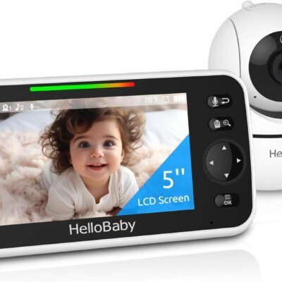 HelloBaby No WiFi Baby Monitor 5″ Screen 30-Hour Battery Pan-Tilt-Zoom Video Upgrade with Camera and Audio, Night Vision, VOX, 2-Way Talk