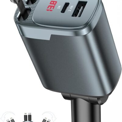 Retractable Car Charger, 84W Car Charger USB C 4 in 1, Car Accessories Fast Charging Car Charger Adapter for iPhone 17 16 15 14 13 12 Pro Max