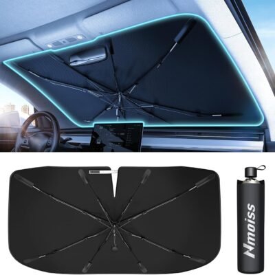 Nmoiss Windshield Sun Shade Umbrella – [Vinyl Coating Heat Shield] Protect Car from Sun Rays & Heat Damage Keep Cool and Protect Interior