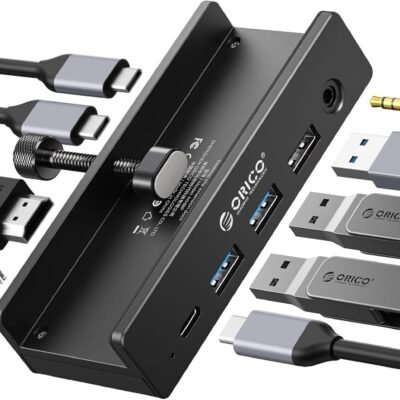 ORICO Clip Docking Station, 8-in-1 Clamp USB C Hub with 4K@60Hz HDMI, 100W PD, Gigabit Ethernet, 4xUSB Port, AUX, 10Gbps Clamp Docking Station for Laptop