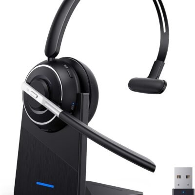 Bluetooth Headset, Wireless Headset with Microphone for PC, V5.2 Computer Headset with Noise Cancelling Mic, USB Dongle, Charging Base & Mute Button