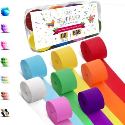 8 Crepe Paper Streamers Rolls, 656ft Pack of Unique 8 Rainbow Streamers Party Decorations