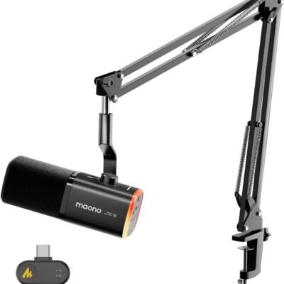 MAONO PD100WS Wireless Gaming Microphone for PC, Dynamic Streaming USB Mic with 3 Level Noise Cancelling,RGB,Mute Button, Software EQ,Computer Boom Mic