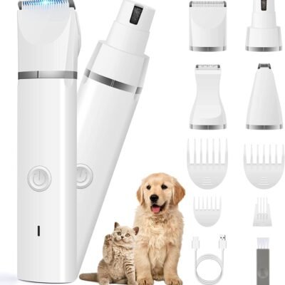 Veeconn Dog Clippers Grooming Kit Hair Clipper-Low Noise Paw Trimmer- Rechargeable – Cordless Quiet Nail Grinder Shaver for Cats and Other Pets