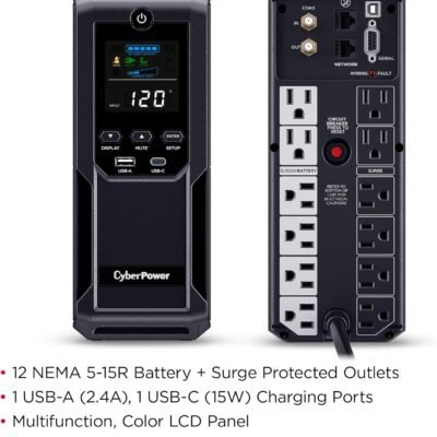 CyberPower CP1500AVRLCD3 Intelligent LCD UPS System, 1500VA/900W, 12 Outlets, 2 USB Ports, AVR, Mini Tower, Black