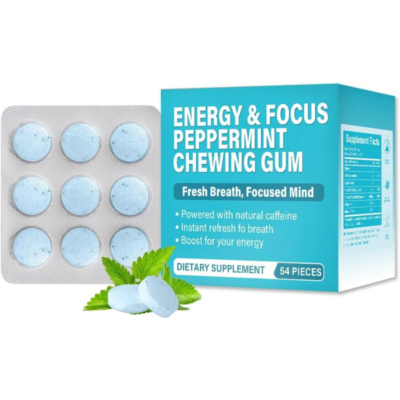 Energy & Focus Peppermint Chewing Gum, 54 Pieces, with B-Vitamins, L-theanine and Natural Caffeine